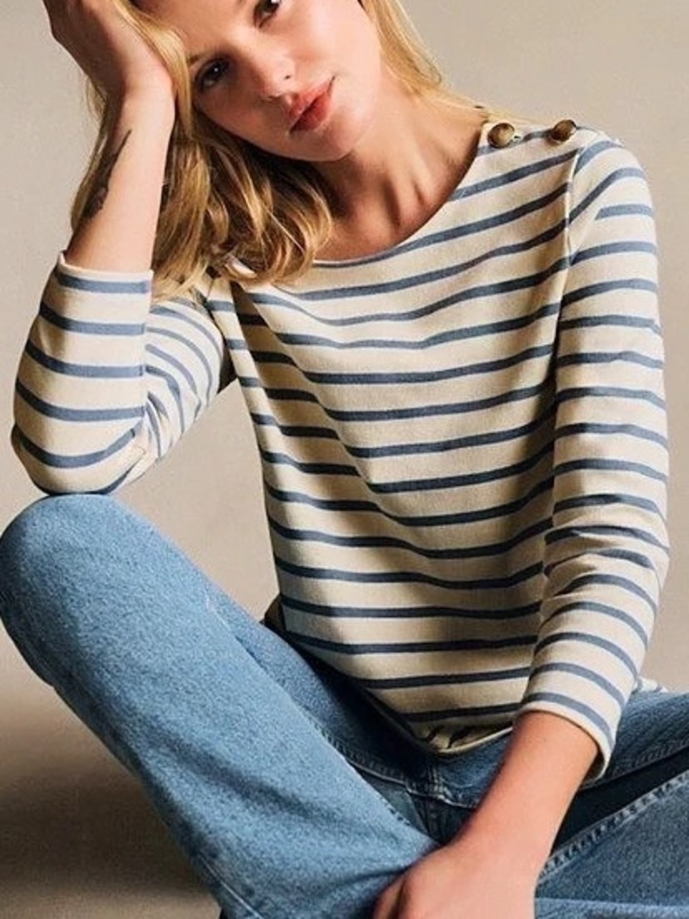 NWT Sézane Colette Marinière Striped Long Sleeve Top in vintage Blue & White